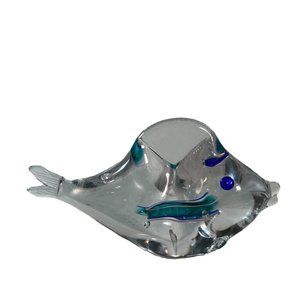 Schmidt Rhea Glass Small Fish Curved Tail Signed by Artist Glass Art Blue 4”x3”